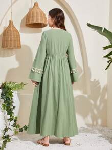 SHEIN 少女編織花卉拼布提花綑綁配飾捲邊輕便洋裝 - 綠色 - 查看 2