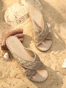 Styleloop Sandalias planas de suela gruesa y trenzadas bohemias y cómodas con cuerda para mujer, para moda de primavera y verano - Albaricoque - Ver 1
