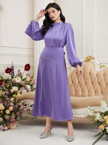 Modelyn Của phụ nữ Đứng cổ áo Tay áo lồng đèn Kiểu Ả Rập Đầm Với Pha lê Chỉnh trang - Màu tím - Xem 7