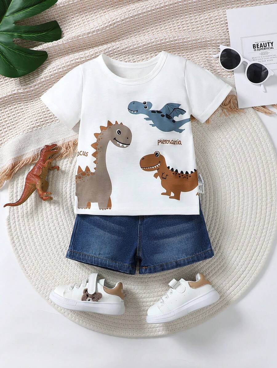 SHEIN Vintaside Kids 嬰兒男童恐龍字母印花上衣與牛仔短褲套裝 - 彩色 - 查看 1