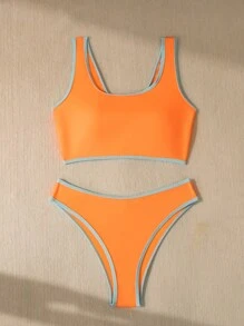 SHEIN Swim 女款夏季海灘撞色修邊兩件套比基尼泳衣嘉年華 - 橘色 - 查看 7