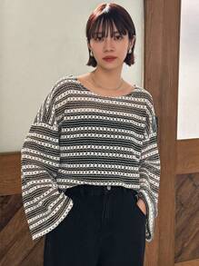 FRIFUL 女式条纹镂空上衣 长袖女式上衣 - 黑色 - 查看 4