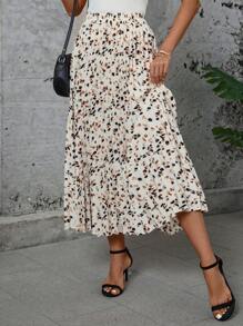 SHEIN LUNE 圆点碎花褶皱休闲松紧腰大码 A 字裙波西米亚牛仔女郎老钱节波西米亚西部服饰女士嬉皮夏季波西米亚老钱夏季女士春假狂欢节春假 - 杏色 - 查看 1