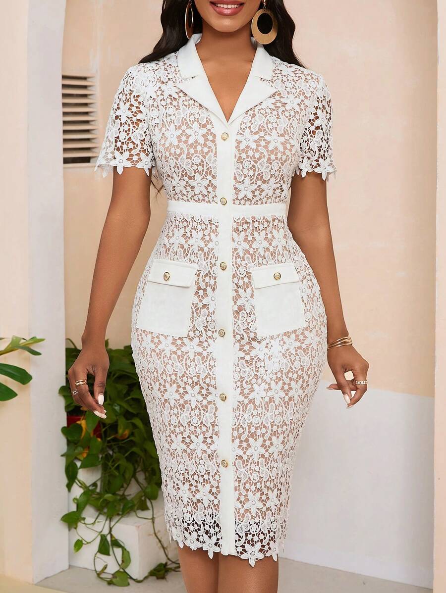 SHEIN Lady 女士短袖蕾丝优雅婚礼宾客礼服 - 白色 - 查看 1