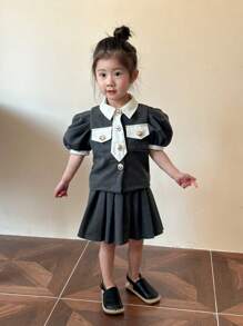 SHEIN Young Girl Two Tone Puff Sleeve Top & Pleated Skirt Set - Black - View 3
