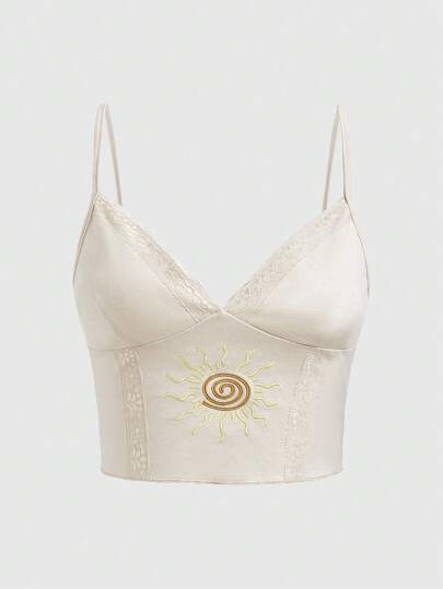 Hippie Camiseta De Tirantes Para Mujer Con Parche De Bordado De Sol, Encaje Y Diseño De Parches