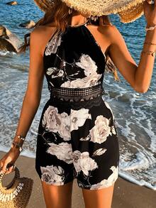 SHEIN VCAY Damen Blumenmuster Spitzen Patchwork Rückenfreier Halter Hals Jumpsuit