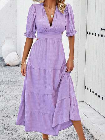 2024 Women's Plain V-Neck Backless Sexy Dress With Waistline Design For Spring And Summer