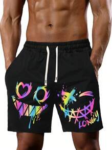 New Summer Men's Gradient Smile Face Printed Shorts With Elastic Waist & Drawstring, Regular Sports Style, Beach Shorts