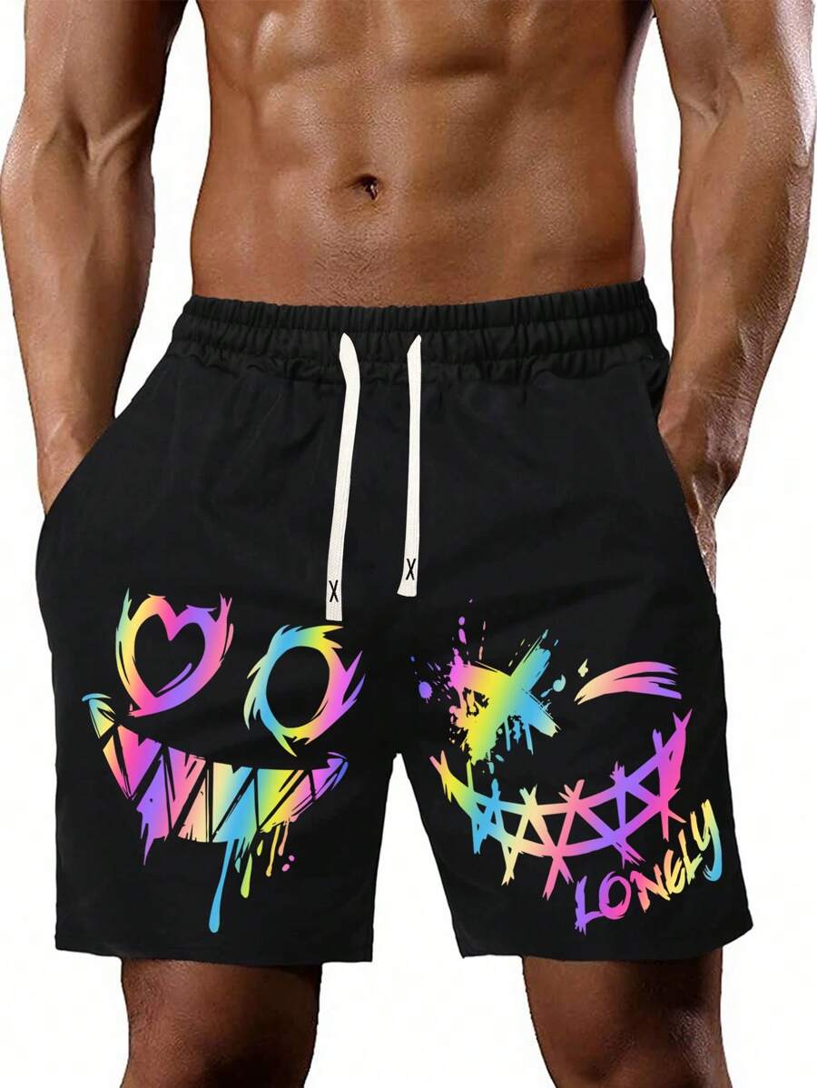 New Summer Men's Gradient Smile Face Printed Shorts With Elastic Waist & Drawstring, Regular Sports Style, Beach Shorts