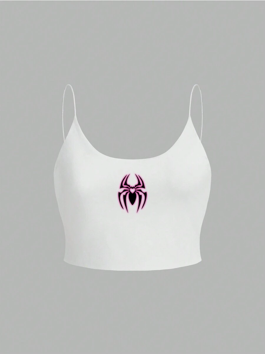 SHEIN Coolane 夏季適合的大尺寸蜘蛛紋短款吊帶上衣 - 白色 - 查看 1