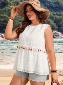 Breezaya Plus Size Women's Fringe Hem Cap Sleeve Shirt With Patchwork Detail - White - View 4