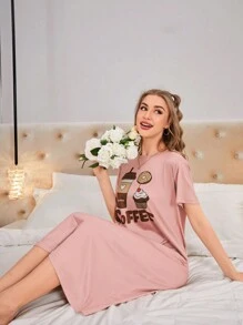 Ladies' Sleep Dress Pajama Dress With Cartoon Coffee & Snack Pattern, Moo Moo - Baby Pink - View 4