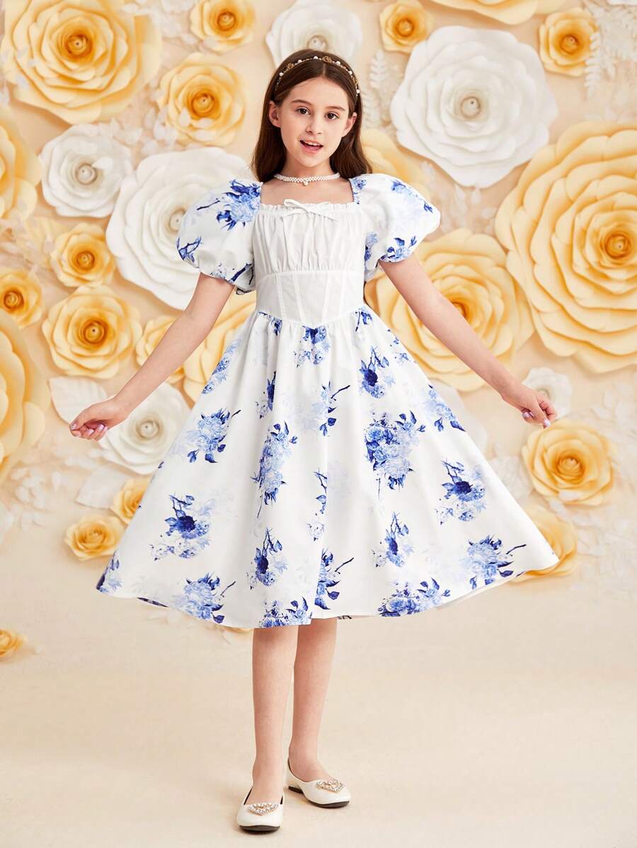 SHEIN DRMZ Tween Girl Tween Girl Waist Gathering Long Dress With Square Neckline, Floral Print, Short Puff Sleeves And Bubble Hem