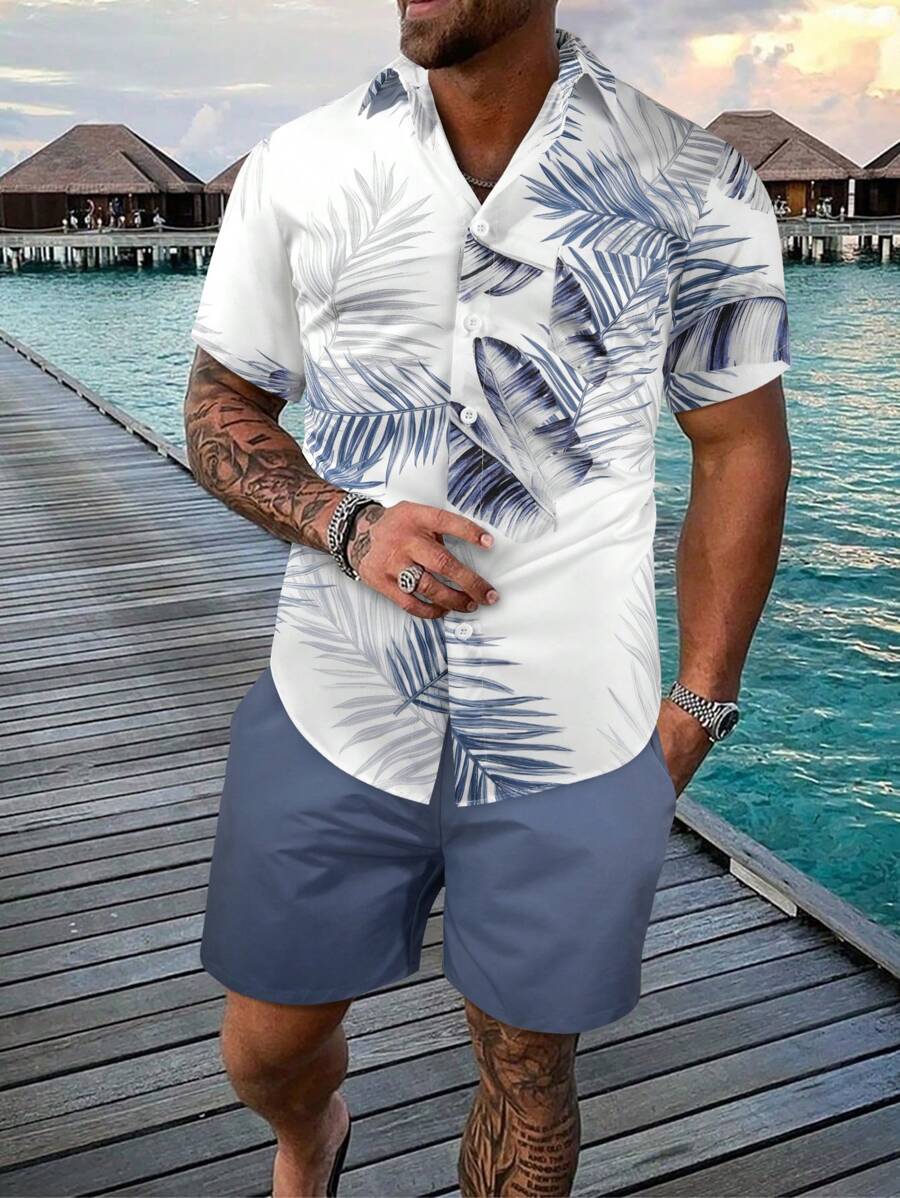 Manfinity RSRT Men's Tropical Print Short Sleeve Shirt And Shorts With Slanted Pockets, 2pcs/Set - Dusty Blue - View 1