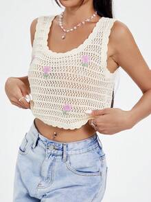 SHEIN Qutie 女士休閒花紋無袖空心針織上衣 - 杏色 - 查看 6