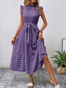 SHEIN LUNE Women's Stand Collar Cap Sleeve Dress With Frill Edging,Lavender Dress - Purple - View 6