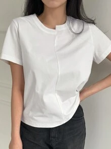 DAZY 女式純色不對稱領t卹 - 白色 - 查看 1