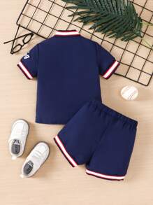 夏季嬰兒男童編織休閒簡約時尚歐美風印花棒球領套裝短褲 - 藏蓝色 - 查看 2