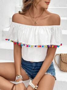SHEIN VCAY Blusa Con Hombros Descubiertos Y Decoración De Pompones De Colores Con Ribete De Volantes - Blanco - Ver 1