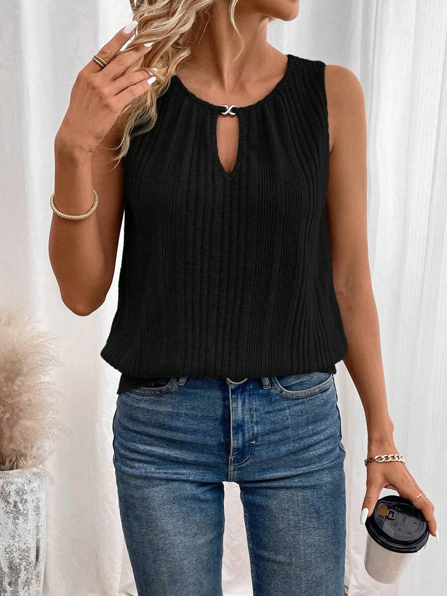Ladies' Summer Metal Decorative Buckle Square Neckline Textured Tank Top With Comfort Fit,Emery Rose Modest Tops - Black - View 1