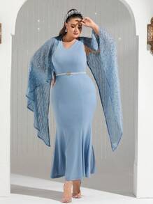 Modelyn Kích thước lớn Cổ chữ V Cape Phong cách Đuôi cá Đầm Không có Eo Thắt lưng - Màu xanh bụi bặm - Xem 3