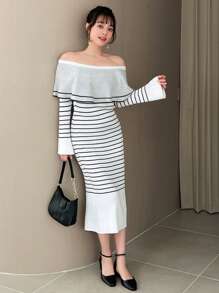 FRIFUL Women's Striped Long Sleeve Sweater Dress,Fall Clothes - Black and White - View 3