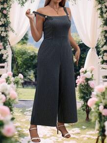 Celure Plus Size Women'S Striped Overalls - Dark Grey - View 3