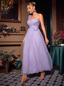 Glamaker Women's One Shoulder Sleeveless Mesh Party Evening Dress - Purple - View 5