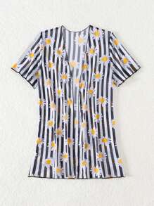 Young Girls' Striped Kimono With Daisy Print And Open Front - Black and White - View 5