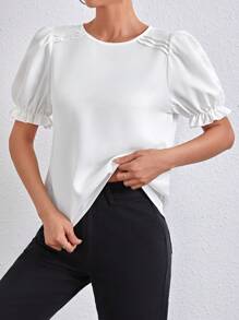 SHEIN Essnce Ladies' Solid Color Puff Sleeve Blouse,Short Sleeve Tops - White - View 8