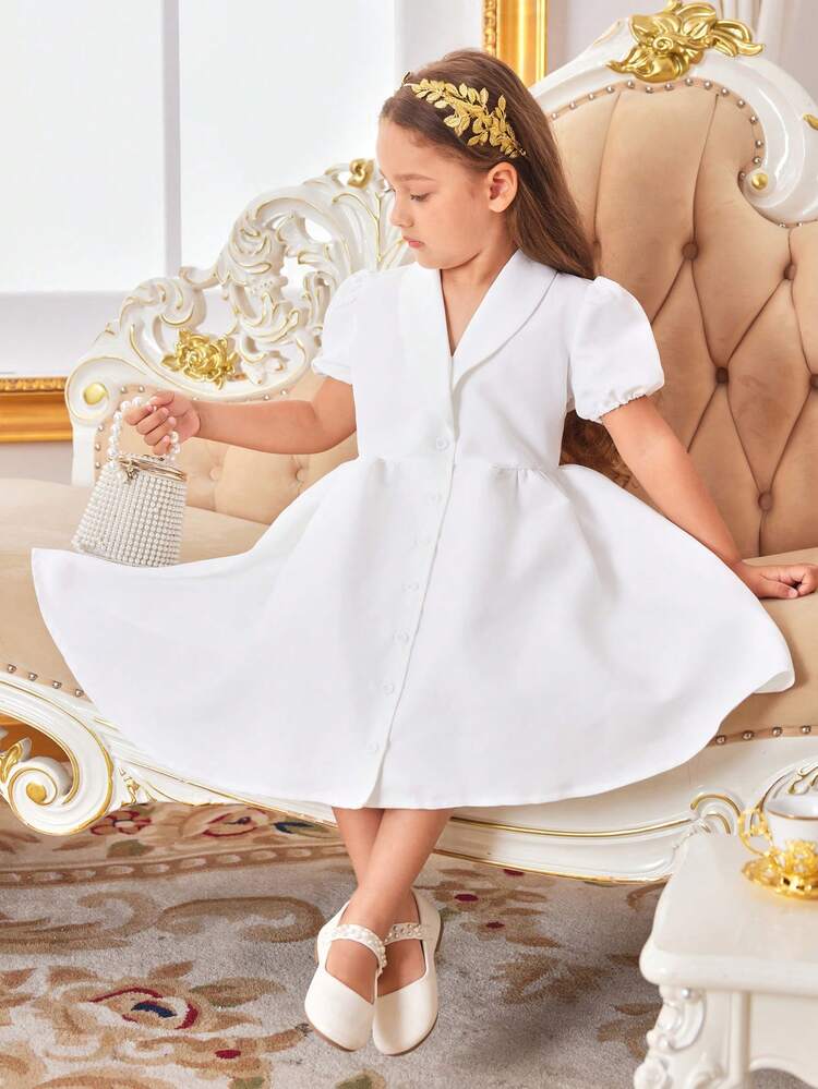 Young Girl's Elegant White Puff Sleeve Dress