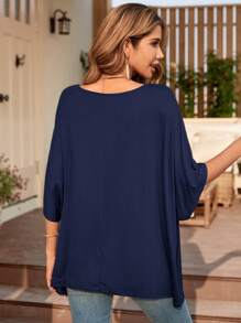 EMERY ROSE Ladies' Solid Color Asymmetrical T-Shirt - Navy Blue - View 2