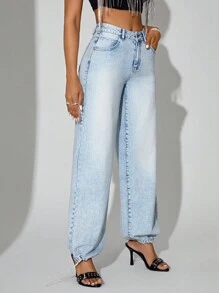 SHEIN BAE Pantalones Vaqueros Casuales Con Cremallera Y Puños Ajustados Para Mujeres