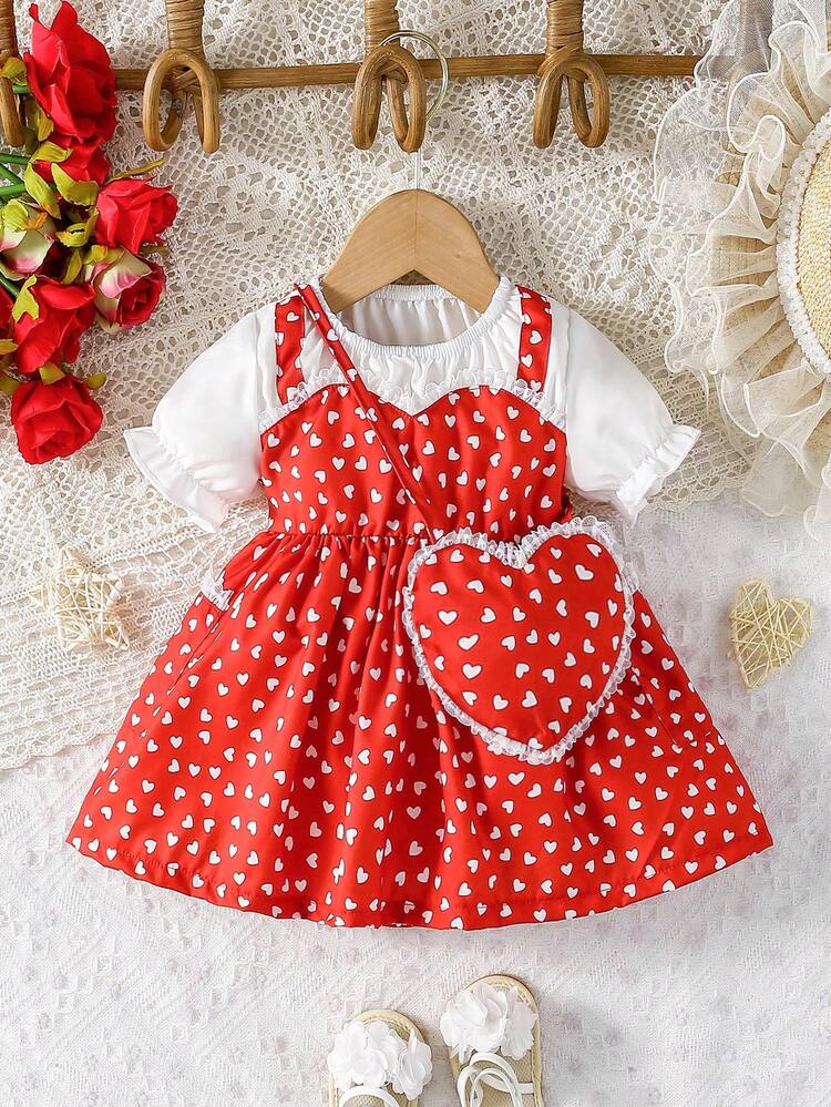 Baby Girl Spring/Summer Elegant Heart Patterned Dress Set With Heart-Shaped Purse, Suitable For Outing