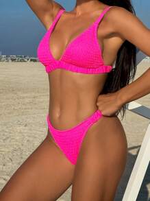 SHEIN Swim Women'S Solid Color Shirred Bikini Set Summer - Hot Pink - View 1