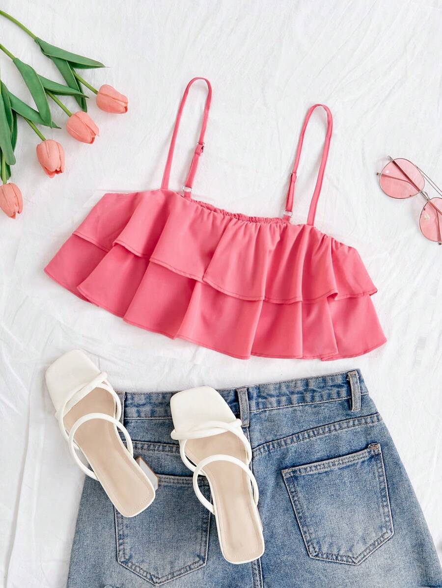 Soleia Camisola De Doble Capa Con Dobladillo Con Volantes Para Mujeres - Rosa - Ver 1