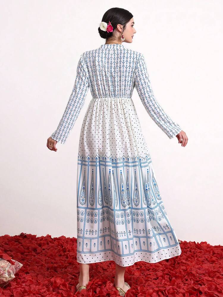All-Over Printed Notched V-Neck Long Sleeve Dress