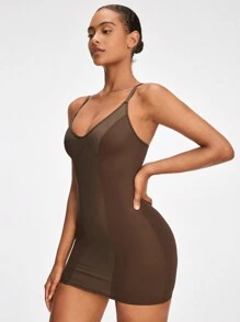 SHAPORA 女士綴合透視網紗背心包身連衣裙 - 棕色 - 查看 4