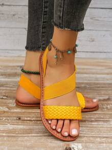 Women's Elastic Strap Flat Sandals With Backstrap And Toe Loop, Plus Size And Small Size Beach Style Casual Daily Commutes - Yellow - View 7