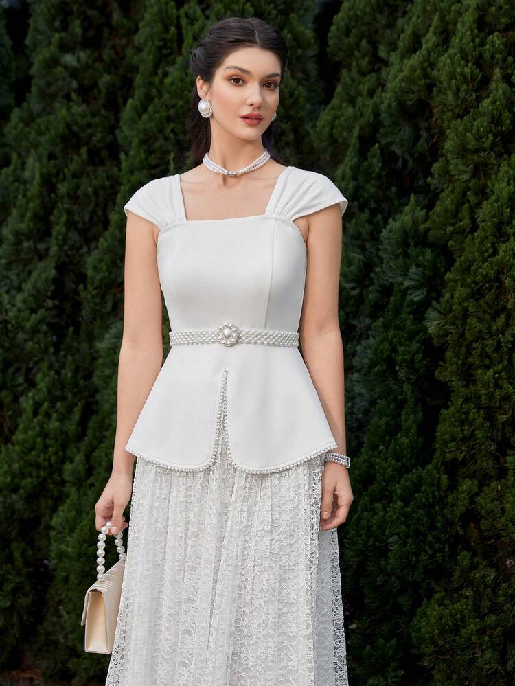 Women's Ruffled Hem Top And Lace Skirt Set 2 Pieces Set