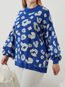 SHEIN Cottnline Plus Size Women's Leopard Print Drop Shoulder Sweater Pullover - Royal Blue - View 5