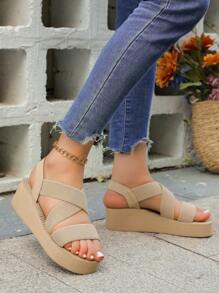 2024 New Arrival 5cm Women's Elastic Strappy Sandals With Weaved Bottom And Satin Covered Wedge Heel, Khaki, Ideal For Summer And Beach Style - Khaki - View 4