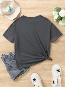 Tween Girl Street Fashion Guitar Rose Pattern Print Drop Shoulder Carbon Gray Short Sleeve T-Shirt - Dark Grey - View 2