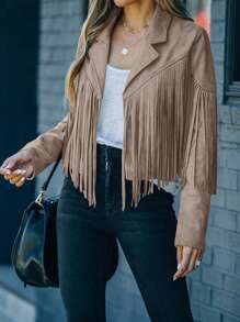 Astylish 女士西部风长袖流苏前开襟仿麂皮机车夹克 - 米色 - 查看 1