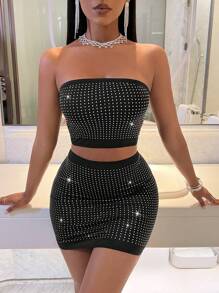 BamGleam Ladies' Strapless Top And Bodycon Mini Skirt Set With Rhinestone Embellishment - Black - View 1