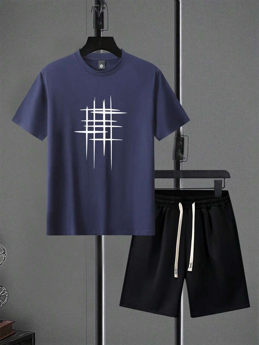 男士夏季短袖T恤短裤套装,几何图案印花,时尚休闲户外装,带口袋,抽绳腰带裤子,两件套,送给丈夫或男友的绝佳礼物,透气舒适 - 寶藍色 - 查看 1