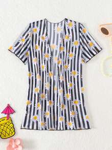 Young Girls' Striped Kimono With Daisy Print And Open Front - Black and White - View 1