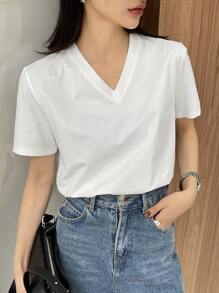 DAZY 女純色v領休閒t卹 - 白色 - 查看 1