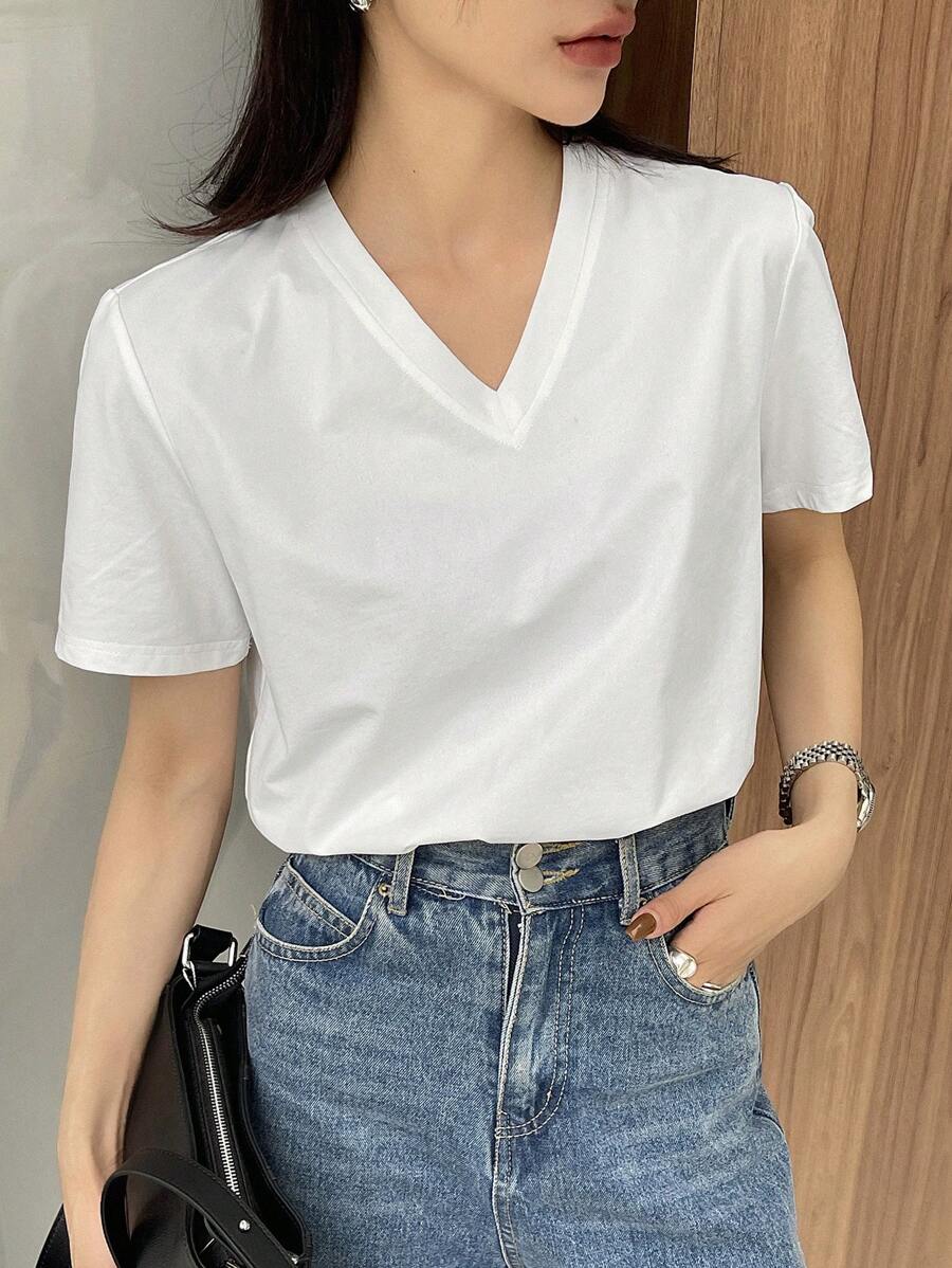 DAZY 女純色v領休閒t卹 - 白色 - 查看 1